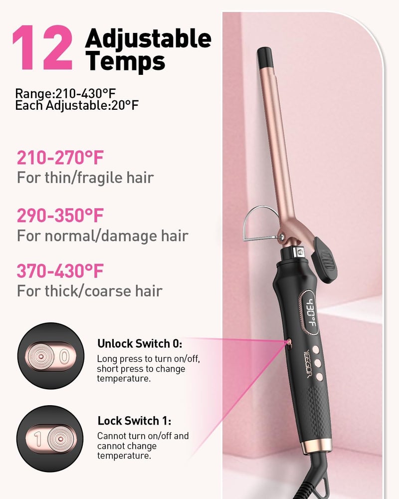 Yeegor 1/2 inch Thin Curling Iron,Extra Long Barrel Culing Wannd,100-240V Dual Voltage Small Hair Curler for Tight Curls,12 Temps - Image 3